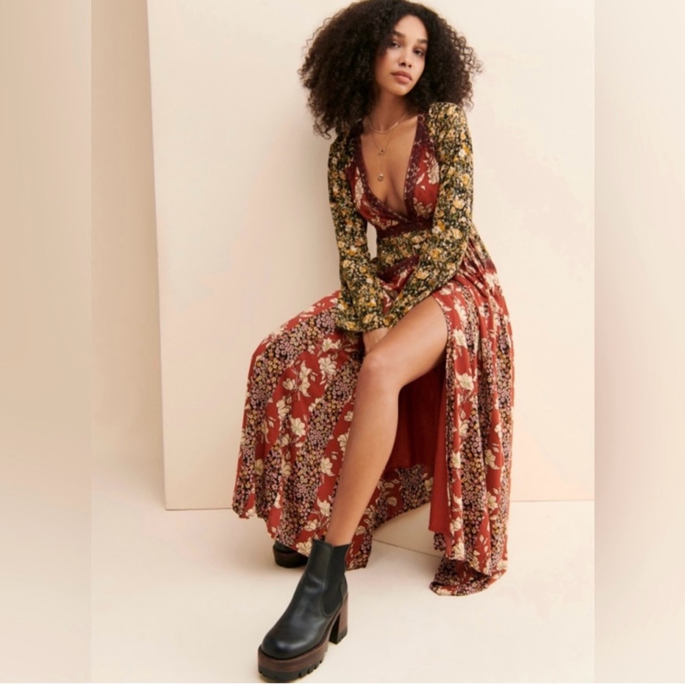 Free People Tilda Rusty Red and cream maxi wrap dress with lace trim.Deep-v. L - Picture 9 of 12